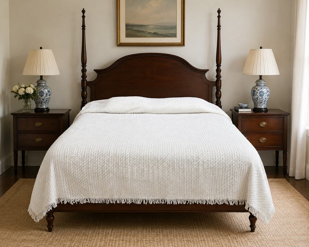 Vintage White Chenille Bedspread Queen Size 82x104 Crosshatch Fringe Cotton MCM